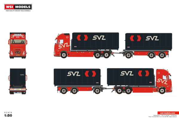 WSI Models 01-5288 SVZ VOLVO FH AERO GLOBETROTTER XL 6X2 TAG AXLE RIGED TRUCK DRAWBAR WITH HOOKLIFT SYSTEM - 6 AXLE