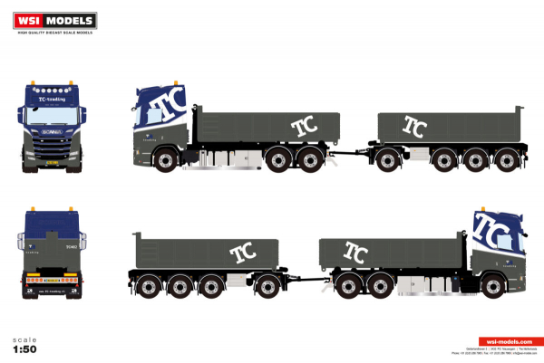 WSI Models 01-5140 TC-TRADING SCANIA R HIGHLINE CR20H RIGED TRUCK WITH HOOKLIFT SYSTEM 6X2 TAG AXLE RIGED TRUCK DRAWBAR WITH HOOKLIFT SYSTEM - 4 AXLE + 15M3 CONTAINER