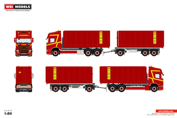 WSI Models 01-5492 TOP TRANS B.V. SCANIA R HIGHLINE CR20H 6X2 TAG AXLE RIGED TRUCK DRAWBAR WITH HOOKLIFT SYSTEM - 3 AXLE + 2X 40M3 CONTAINER