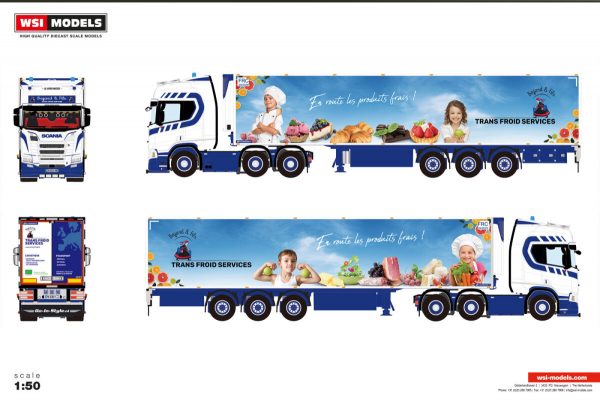 WSI Models 01-5226 TRANSPORTS BAJARD ET FILS SCANIA R HIGHLINE CR20H 6X2 TWIN STEER REEFER TRAILER - 3 AXLE