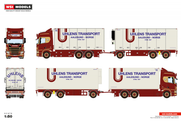 WSI Models 01-5004 UHLENS SCANIA R HIGHLINE CR20H 6X2 TAG AXLE RIGED REEFER TRUCK DRAWBAR TRAILER - 6 AXLE