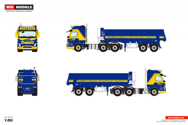 WSI Models 01-5253 VAN BELLE TRANSPORT VOLVO FMX GLOBETROTTER 6X4 TIPPER TRAILER - 2 AXLE