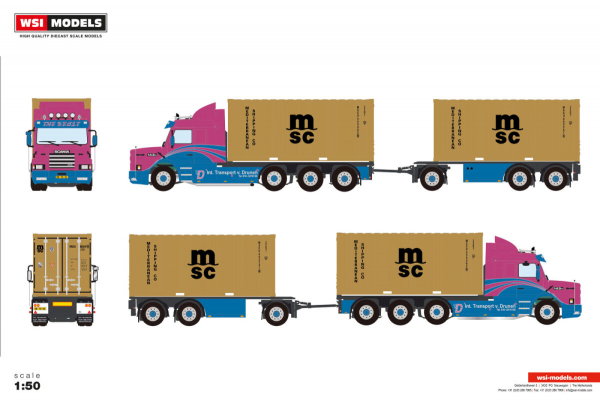 WSI Models 01-5409 VAN DRUNEN SCANIA 3 SERIES TORPEDO STREAMLINE RIGED CONTAINER FRAME TRUCK 8X2 TRIDEM RIGED CONTAINER FRAME TRUCK DRAWBAR TRAILER - 3 AXLE + 2X 20FT CONTAINER