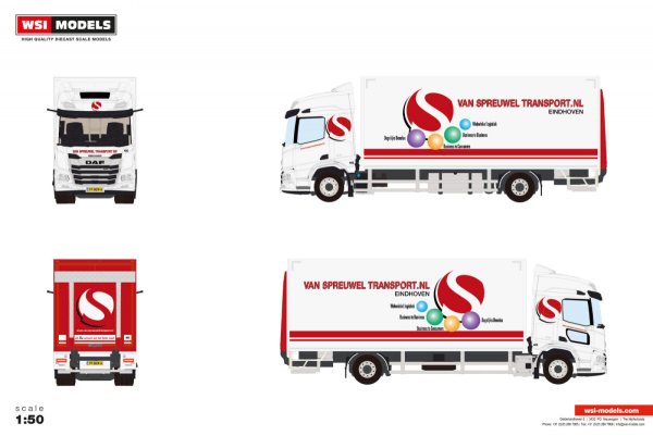 WSI Models 01-5330 VAN SPREUWEL TRANSPORT DAF XD SH WITH SKY LIGHTS AND SIDE WINDOW RIGED BOX TRUCK 4X2
