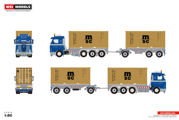 WSI Models 01-5448 VAN WONDEREN BEESD BV SCANIA 3 SERIES STREAMLINE CABLE SYSTEM + CONTAINER FRAME 8X2 TAG AXLE CABLE SYSTEM + CONTAINER FRAME - 3 AXLE + 2X 20FT CONTAINER