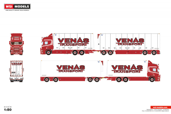 WSI Models 01-5391 VENÅS SCANIA R HIGHLINE CR20H RIGED REEFER TRUCK 6X2 TAG AXLE RIGED REEFER DRAWBAR TURNTABLE TRAILER - 4 AXLE