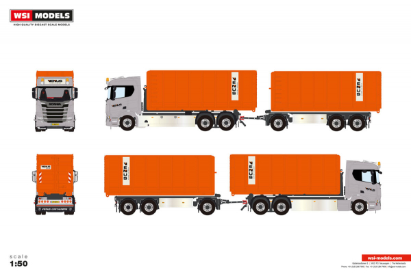 WSI Models 01-5269 VENUS CONTAINERS B.V. SCANIA R NORMAL CR20N 6X2 TAG AXLE RIGED TRUCK DRAWBAR WITH HOOKLIFT SYSTEM - 6 AXLE + 2X 40M3 CONTAINER