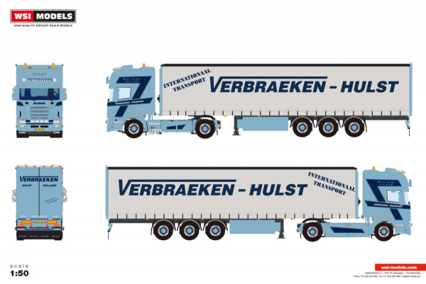 WSI Models 01-4741 Verbraeken SCANIA 4 SERIES TOPLINE 4X2 CURTAINSIDE TRAILER - 3 AXLE