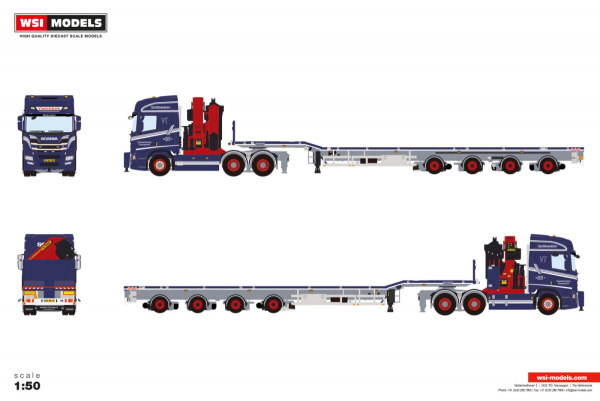WSI Models 01-5159 VINDELSBAEK SCANIA R HIGHLINE CR20H 6X2 TAG AXLE TELESTEP FLATBED TRAILER - 4 AXLE WITH PALFINGER PK 65002 SH