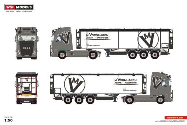 WSI Models 01-5028 VORNHAGEN VOLVO FH5 GLOBETROTTER XL 4X2 BELT TRAILER - 3 AXLE