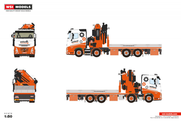 WSI Models 01-5380 WEILAND VOLVO FH AERO SLEEPER CAB RIGED FLATBED TRUCK 8X2 TAG AXLE WITH FASSI 1100 + JIB