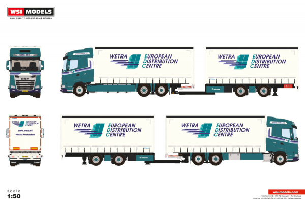 WSI Models 01-5100 WETRA EDC DAF XG RIGED CURTAINSIDE TRUCK 6X2 TAG AXLE RIGED CURTAINSIDE DRAWBAR CENTRE-AXLED TRAILER - 5 AXLE