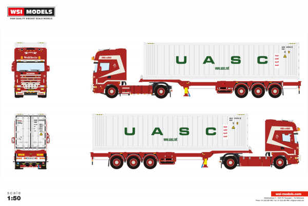 WSI Models 01-5030 WOLDHUIS TRANSPORT SCANIA 4 SERIES TOPLINE 4X2 FLEX CONTAINER TRAILER - 3 AXLE + 40FT REEFER CONTAINER THERMOKING