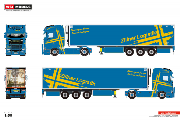 WSI Models 01-5207 Zillner SCANIA S HIGHLINE CS20H 4X2 REEFER TRAILER - 3 AXLE